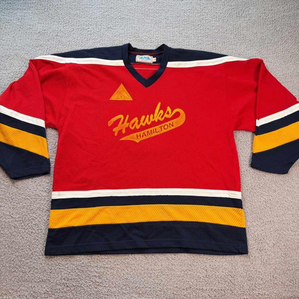 Vintage Hamilton Hawks Hockey Jersey Red Mens XXL Made in Canada MIC Alpha Sport
